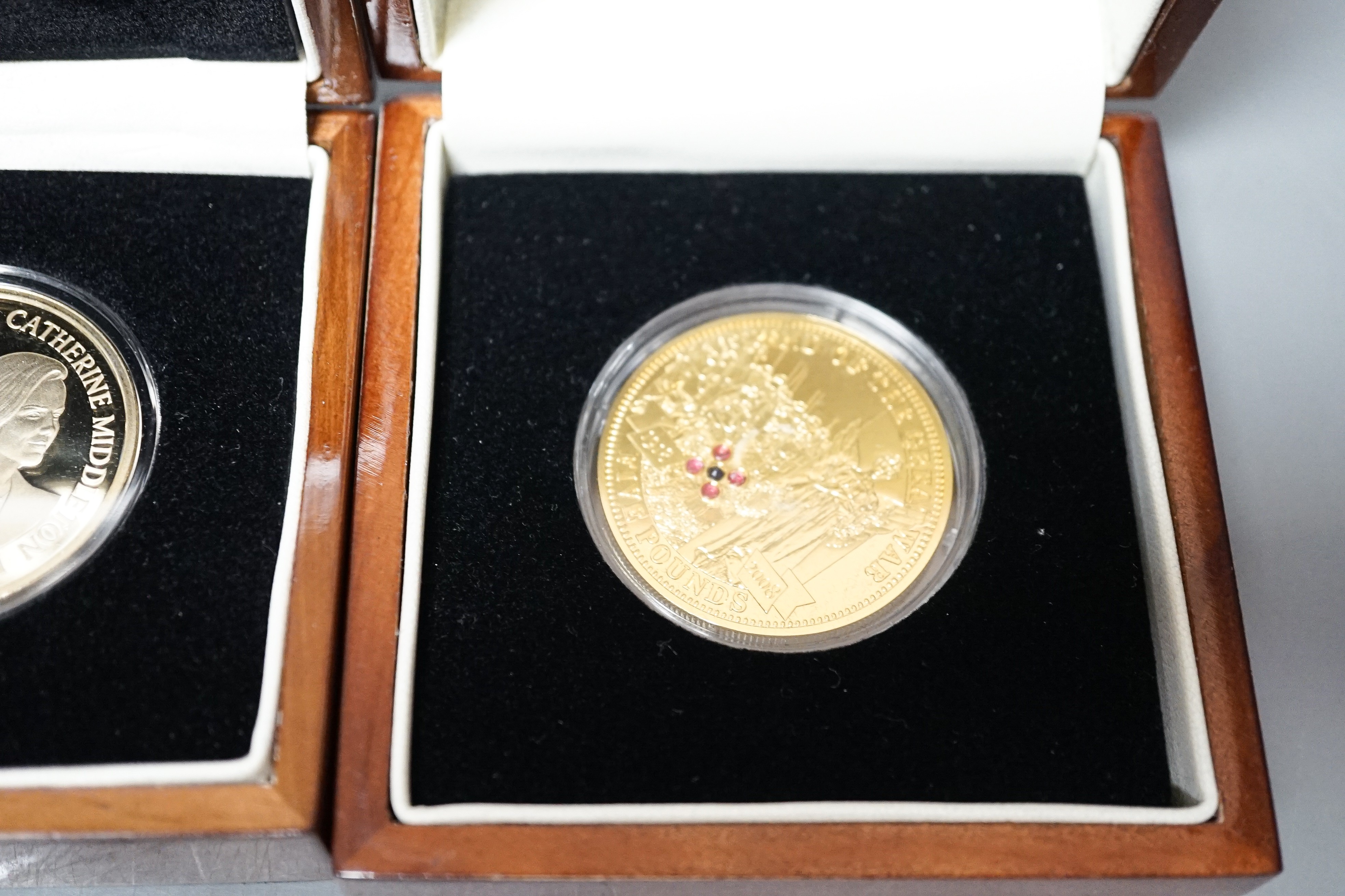 Four London mint silver coins - £5 2008, 2009, 2010 piedfort crown, William & Catherine silver coin 2011, together with two Victorian silver sixpences, cased with certificates (5)